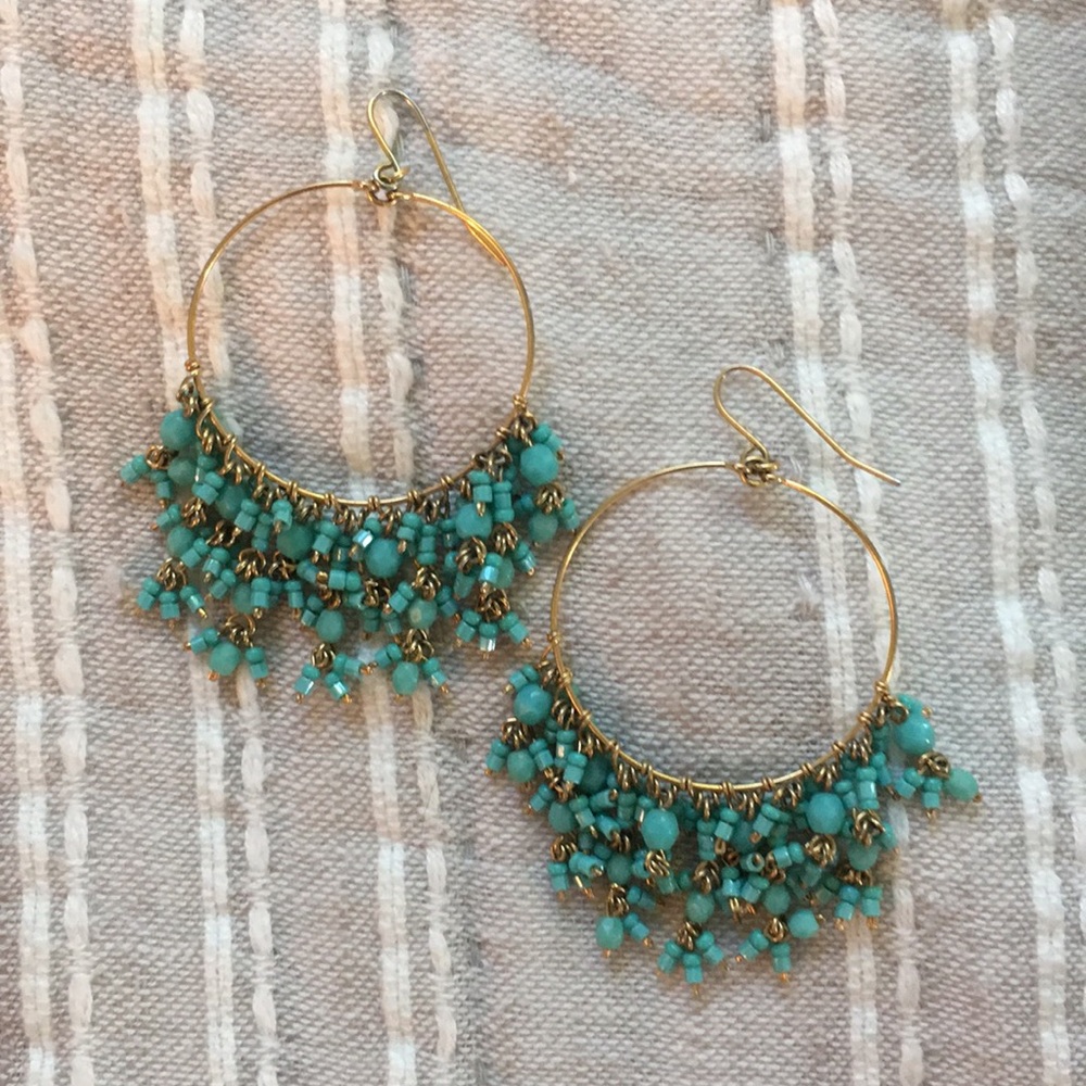 Turquoise and gold beaded hoop earrings